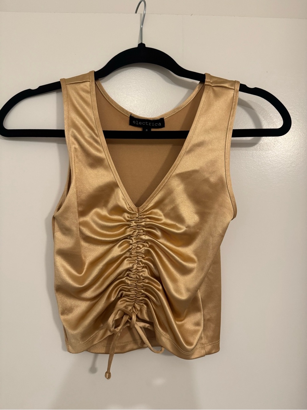 Electric Family Gold Satin Ruched V-Neck Tank